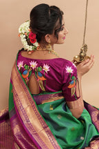 Hand-Painted Thanjavur Peacock & Lotus Back-Design Blouse
