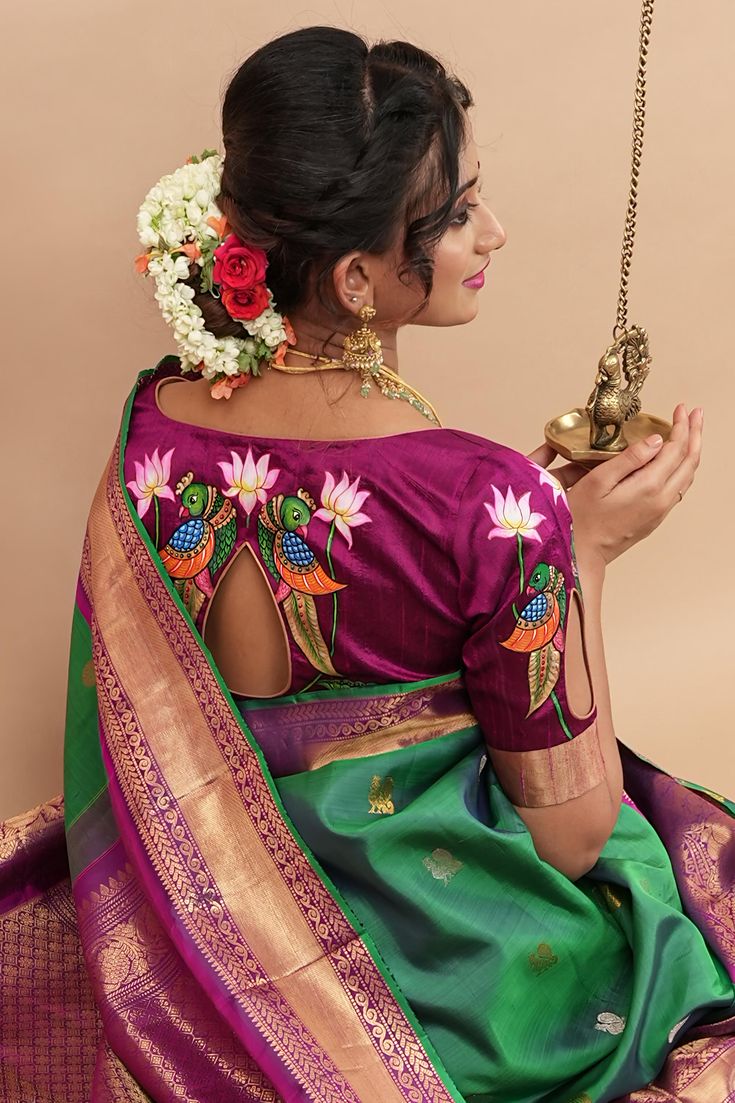 Hand-Painted Thanjavur Peacock & Lotus Back-Design Blouse