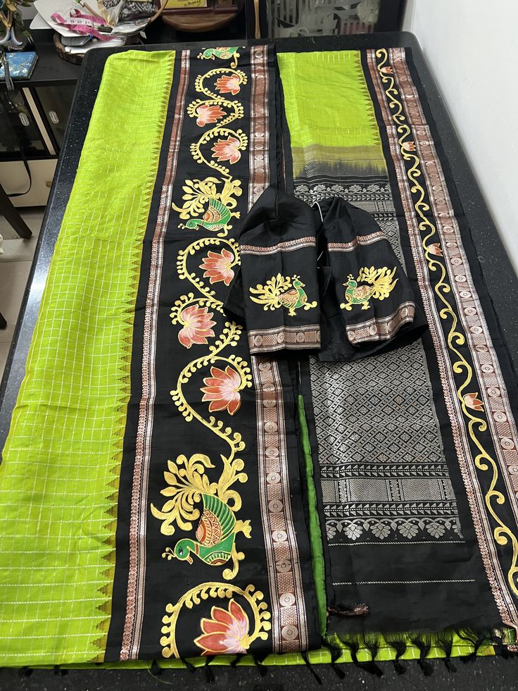 Hand-Painted Thanjavur Peacock & Lotus Saree with Blouse