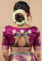 Hand-Painted Thanjavur Peacock & Lotus Back-Design Blouse