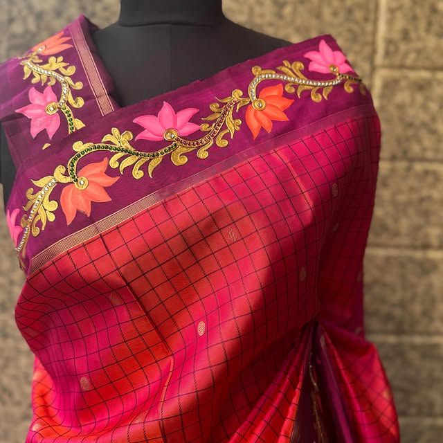 Handmade Thanjavur Painting Work Blouse – Pink & Magenta Designer Saree Blouse