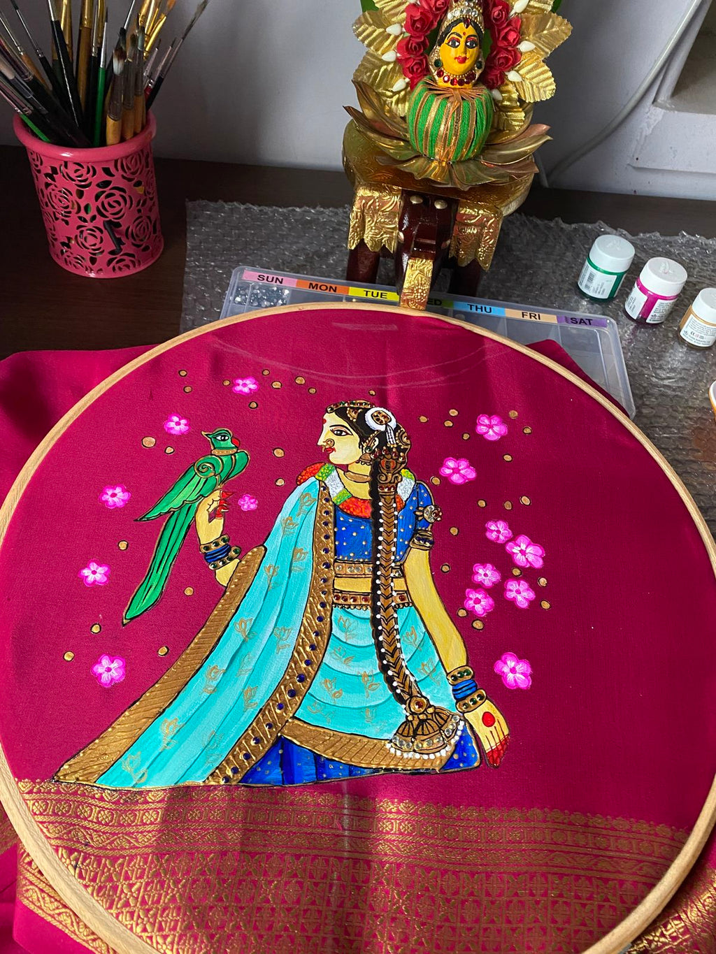 Handmade Thanjavur Art Blouse – Royal Lady with Parrot on Magenta Silk