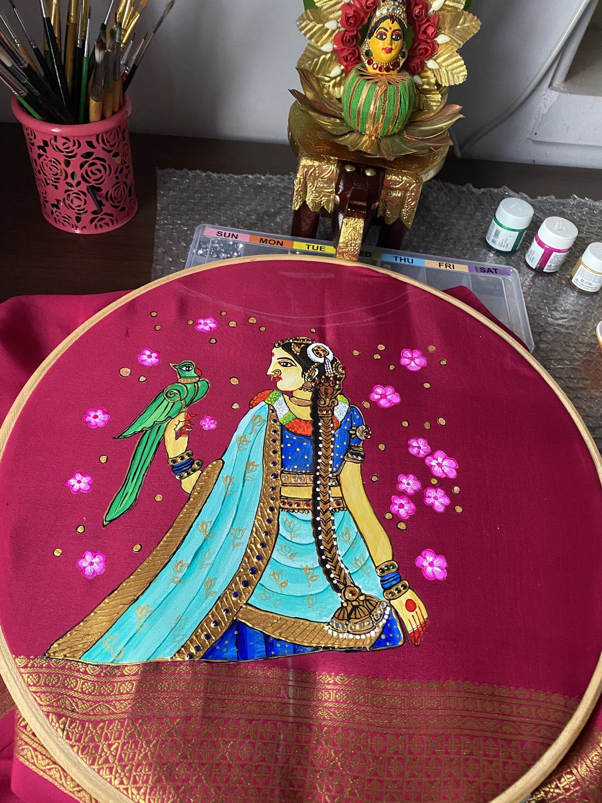 Handmade Thanjavur Art Blouse – Royal Lady with Parrot on Magenta Silk