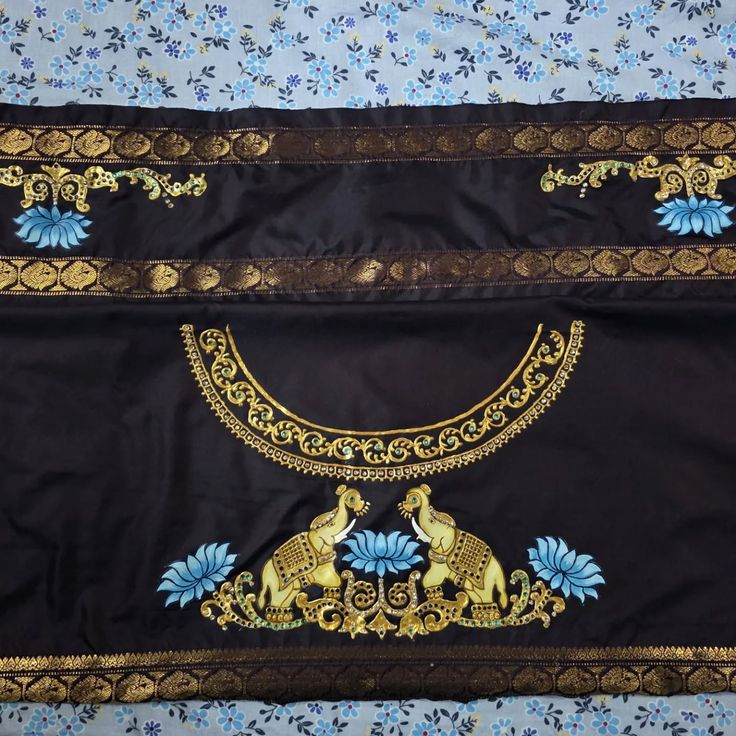Hand-Painted Thanjavur Elephant & Lotus Black Blouse