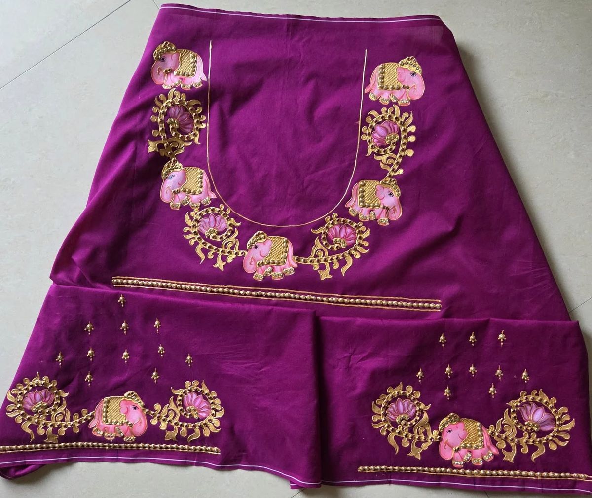 Hand-Painted Thanjavur Elephant & Lotus Purple Blouse