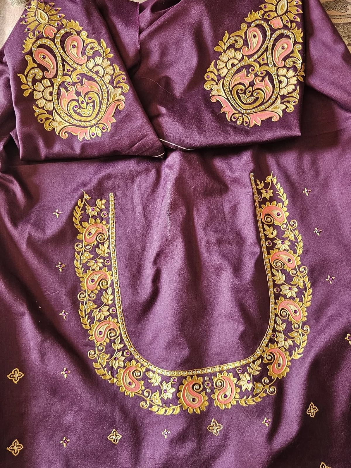 Hand-Painted Thanjavur Paisley & Floral Purple Blouse