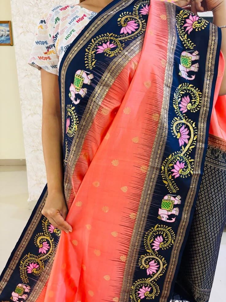 Handmade Thanjavur Art Blouse with Traditional Lotus & Elephant Motif Saree