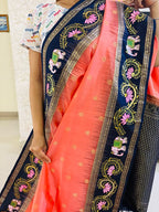 Handmade Thanjavur Art Blouse with Traditional Lotus & Elephant Motif Saree