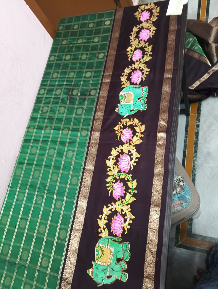 Handmade Thanjavur Art Blouse with Traditional Lotus & Elephant Motif Saree