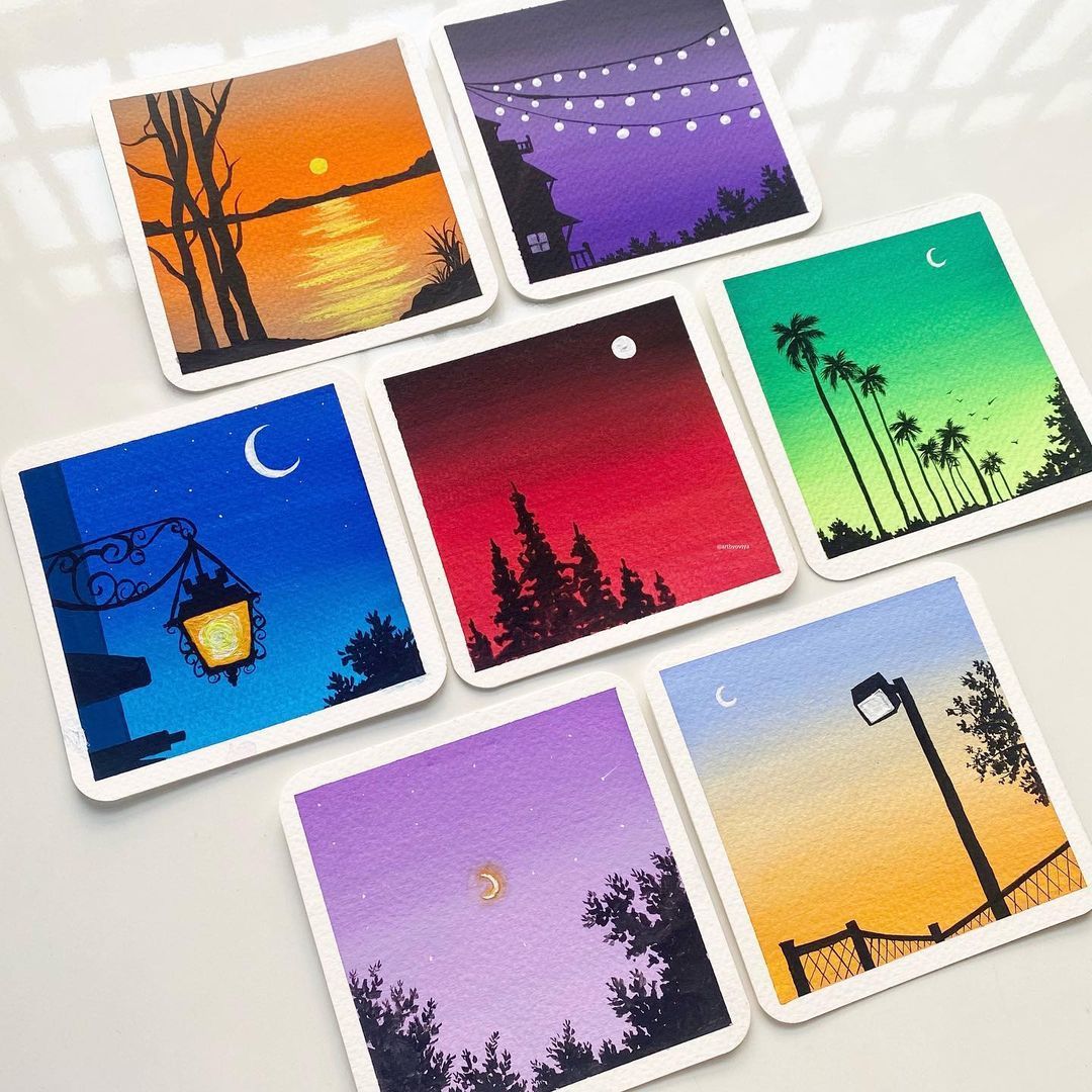 Handpainted Mini Canvas Art Set with Wooden Stands (Set of 7)