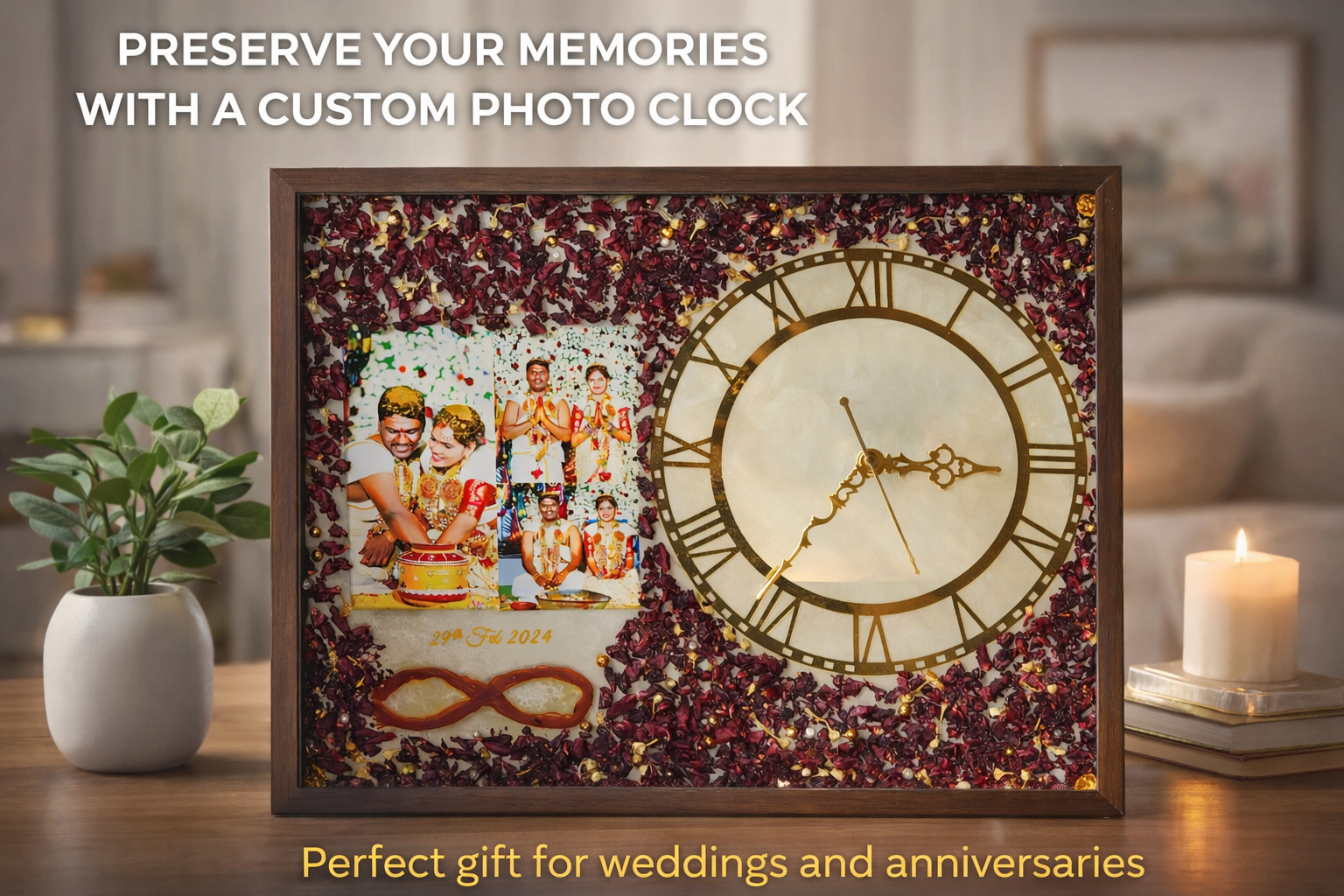 Personalized Resin Photo Clock – 100% Handmade Wedding & Anniversary Gift