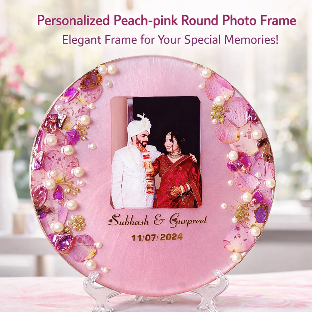 Personalized Peach Pink Resin Photo Frame – 100% Handmade Couple Keepsake