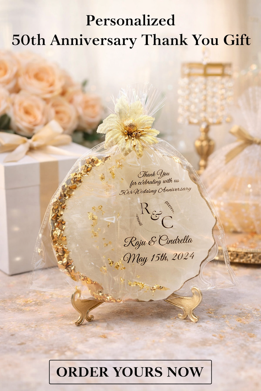 Personalized 50th Anniversary Resin Art Return Gift | Handmade Golden Wedding Keepsake