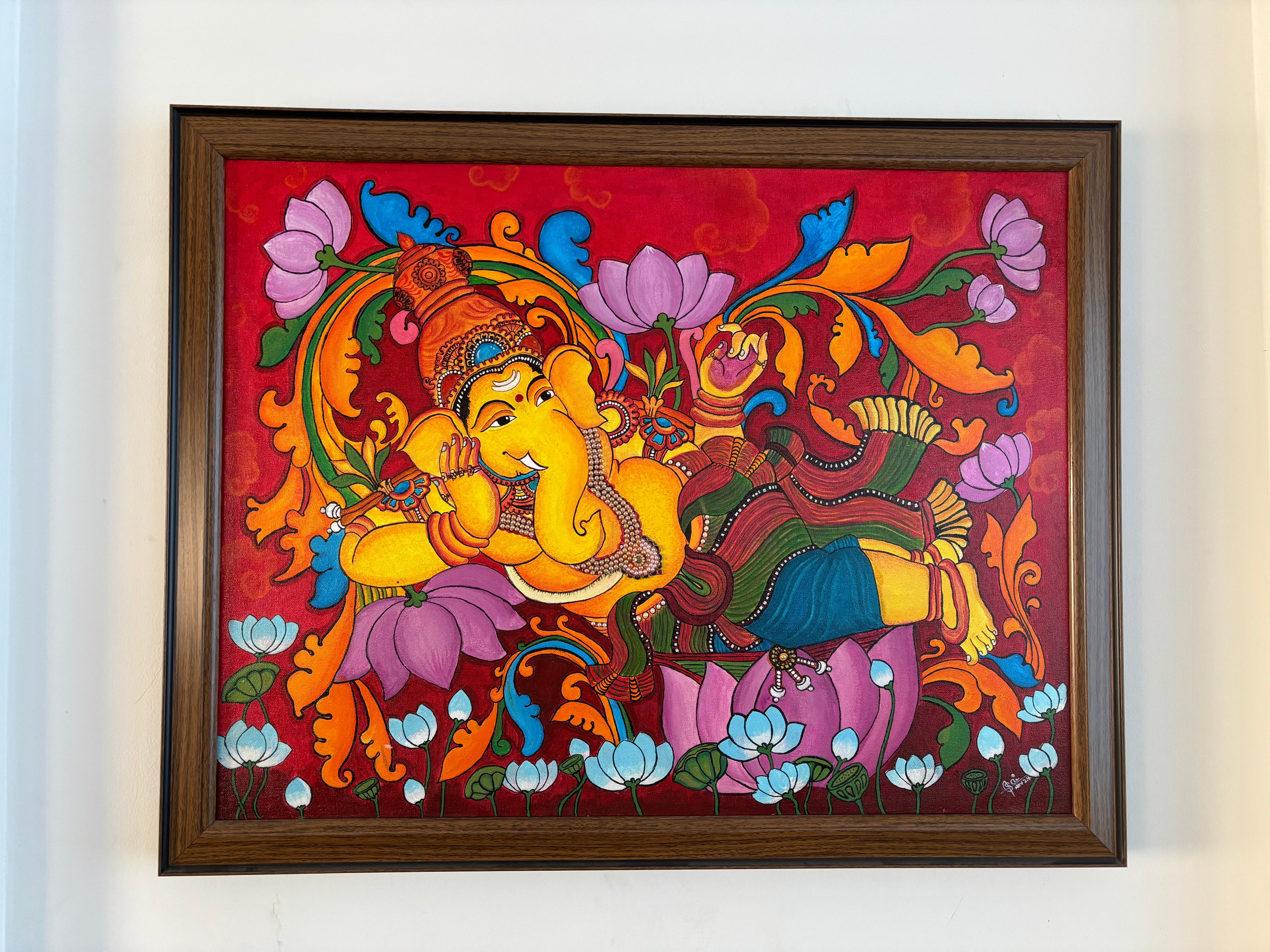 Reclining Ganesha on Lotus – Traditional Kerala Mural Style Handmade Painting