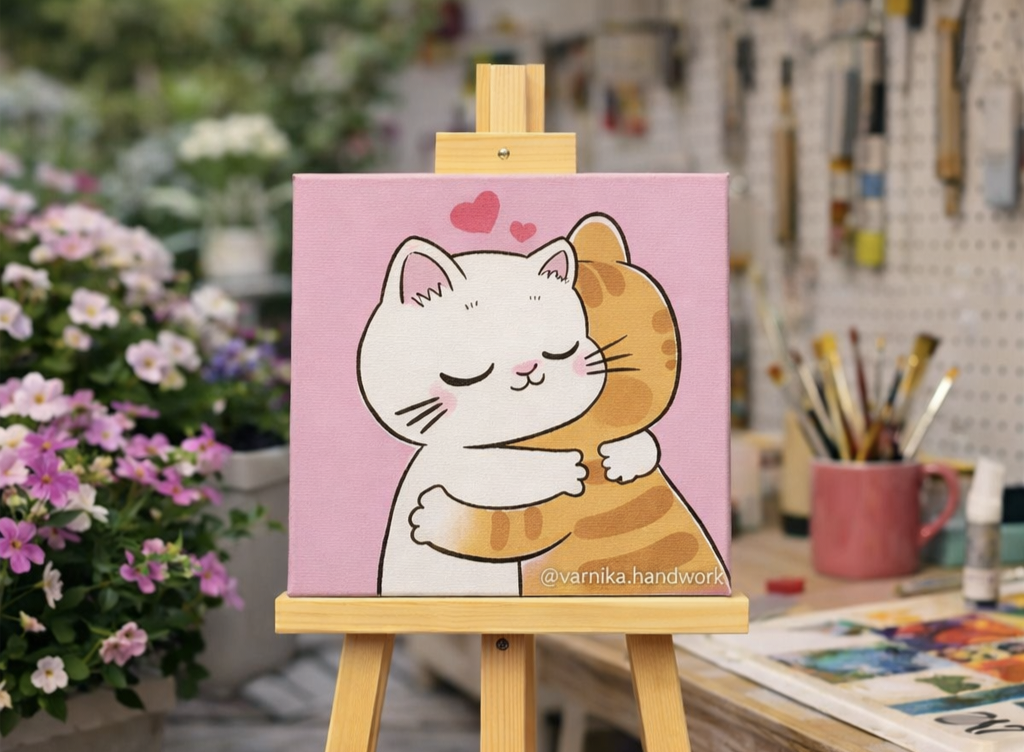 Cute Cat Hug Doodle Canvas