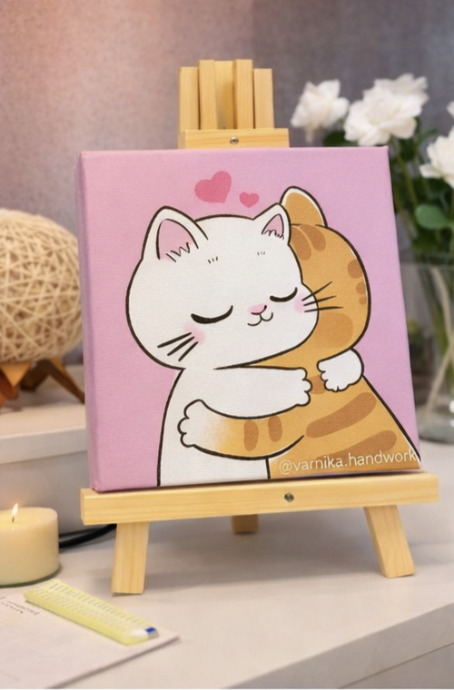 Cute Cat Hug Doodle Canvas