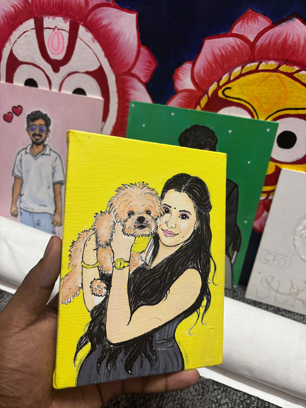 Custom Handmade Girl & Pet Portrait Canvas Painting