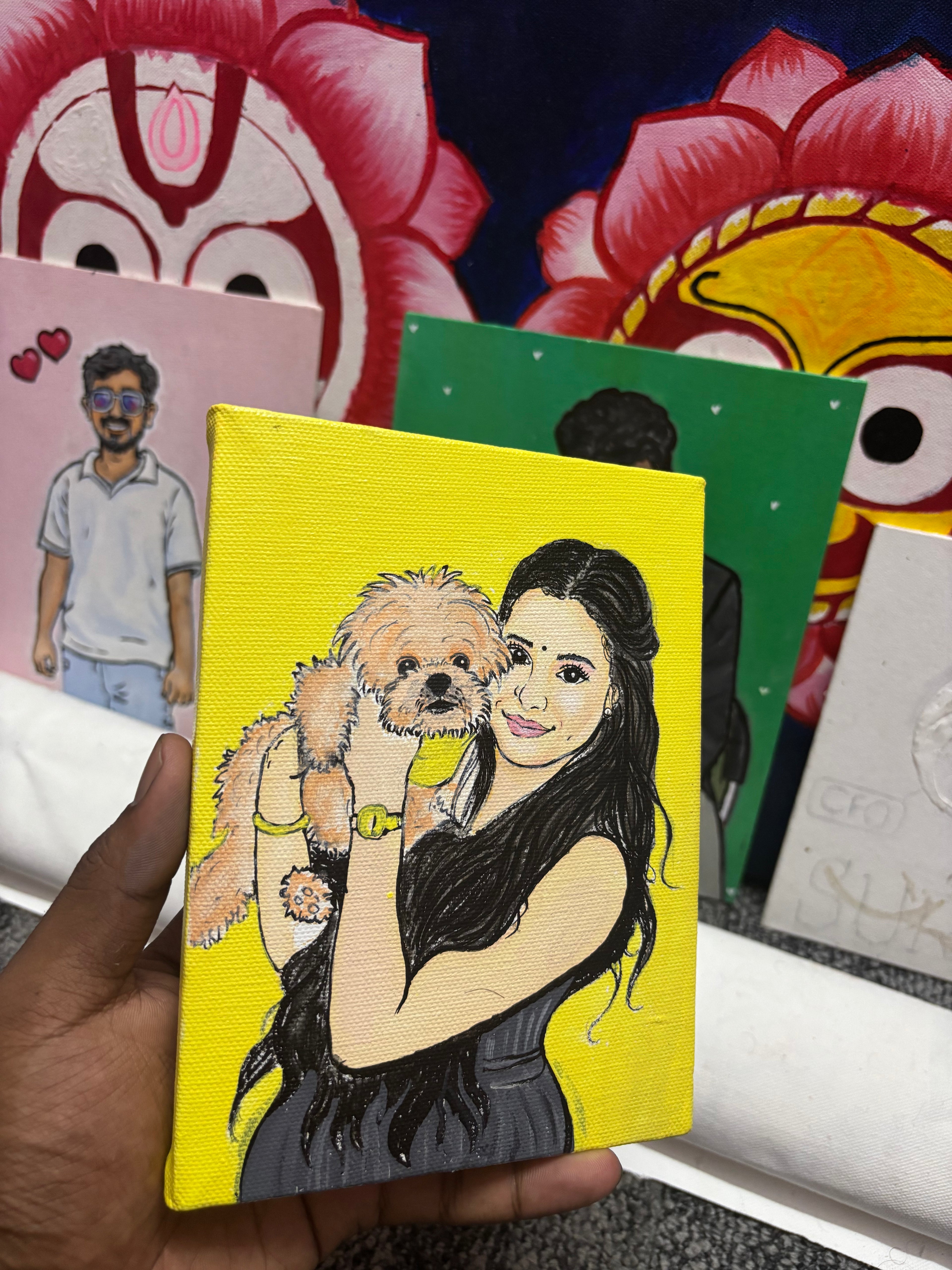 Custom Handmade Girl & Pet Portrait Canvas Painting