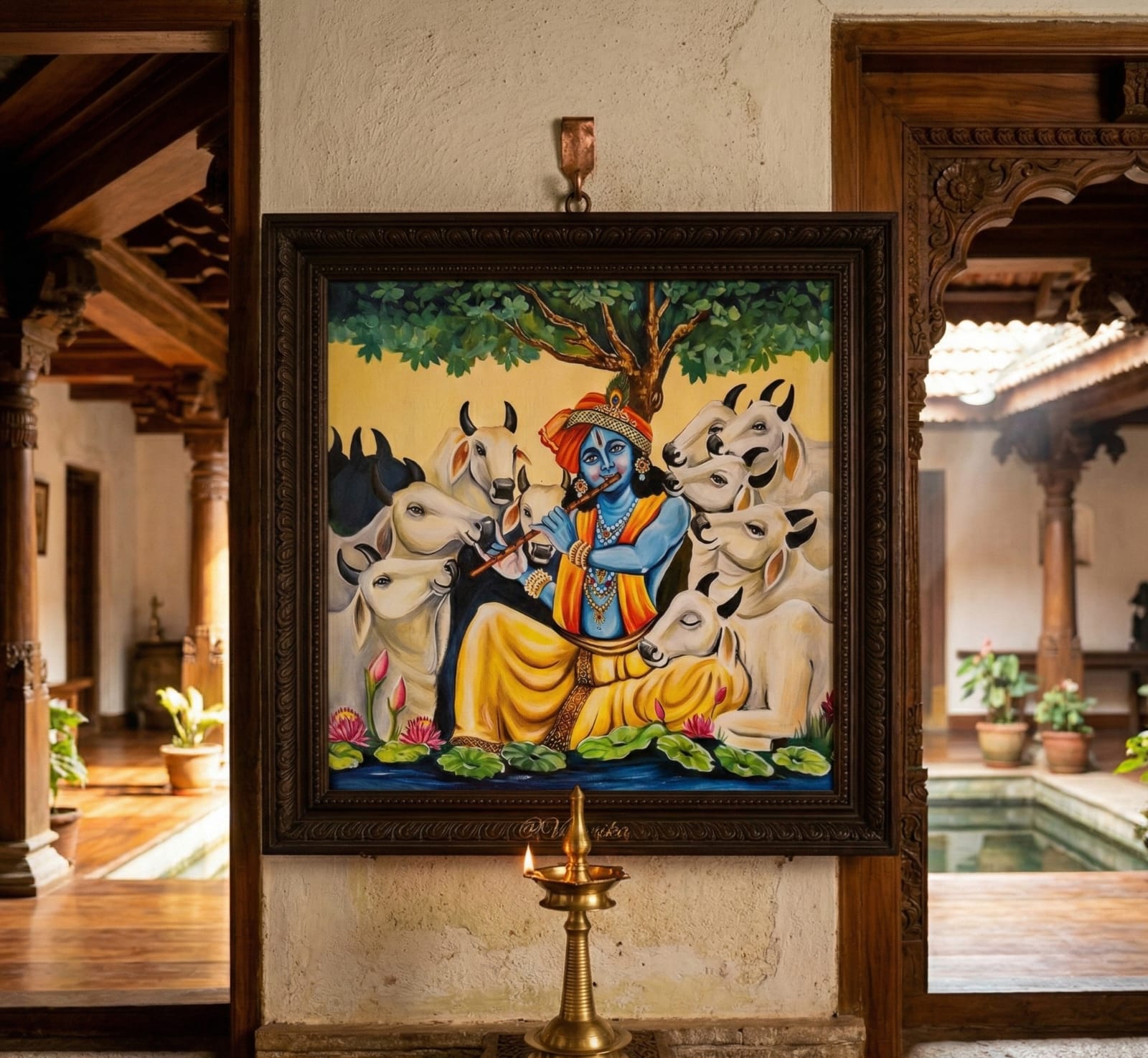 Divine Melody of Krishna with Sacred Cows – 100% Handmade Traditional Painting