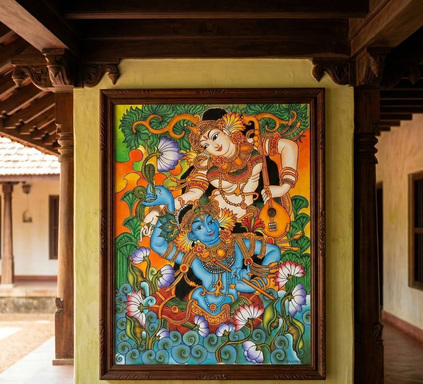 Divine Krishna & Radha Kerala Mural Art – 100% Handmade Traditional Painting