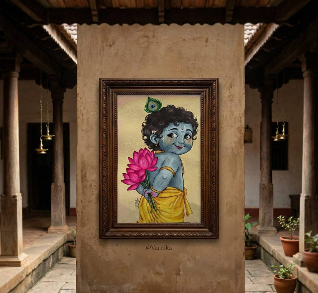 Cute Bal Krishna with Lotus – 100% Handmade Spiritual Painting