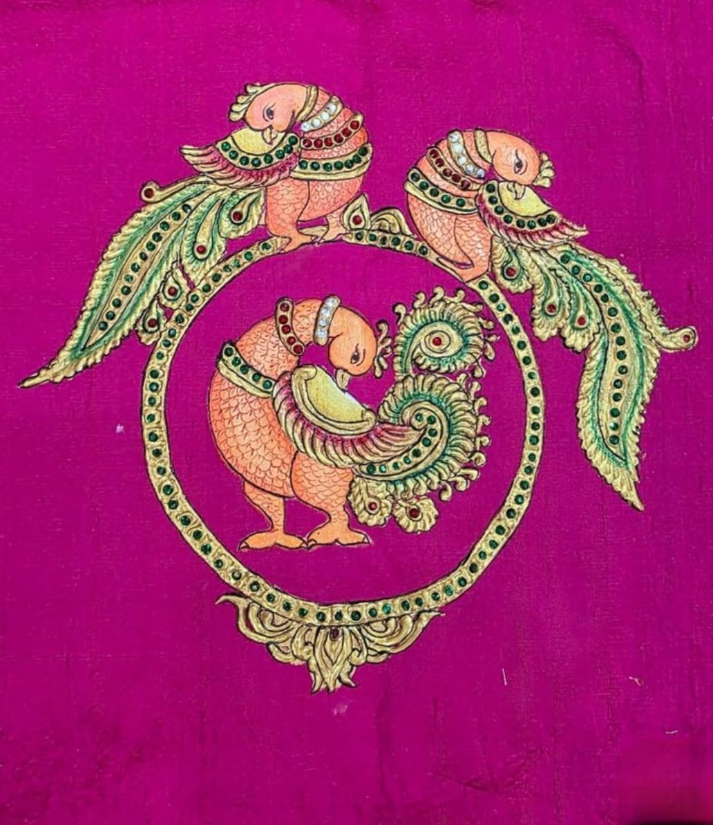 Hand-Painted Thanjavur Peacock Motif Blouse