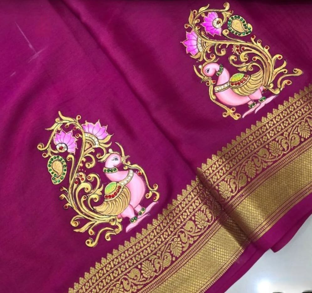 Royal Peacock Lotus Saree Border Painting