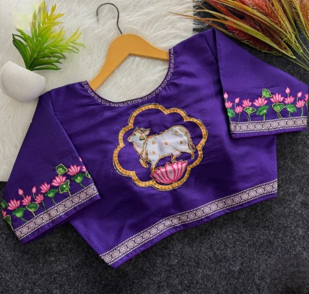 Lotus Cow Traditional Blouse Painting