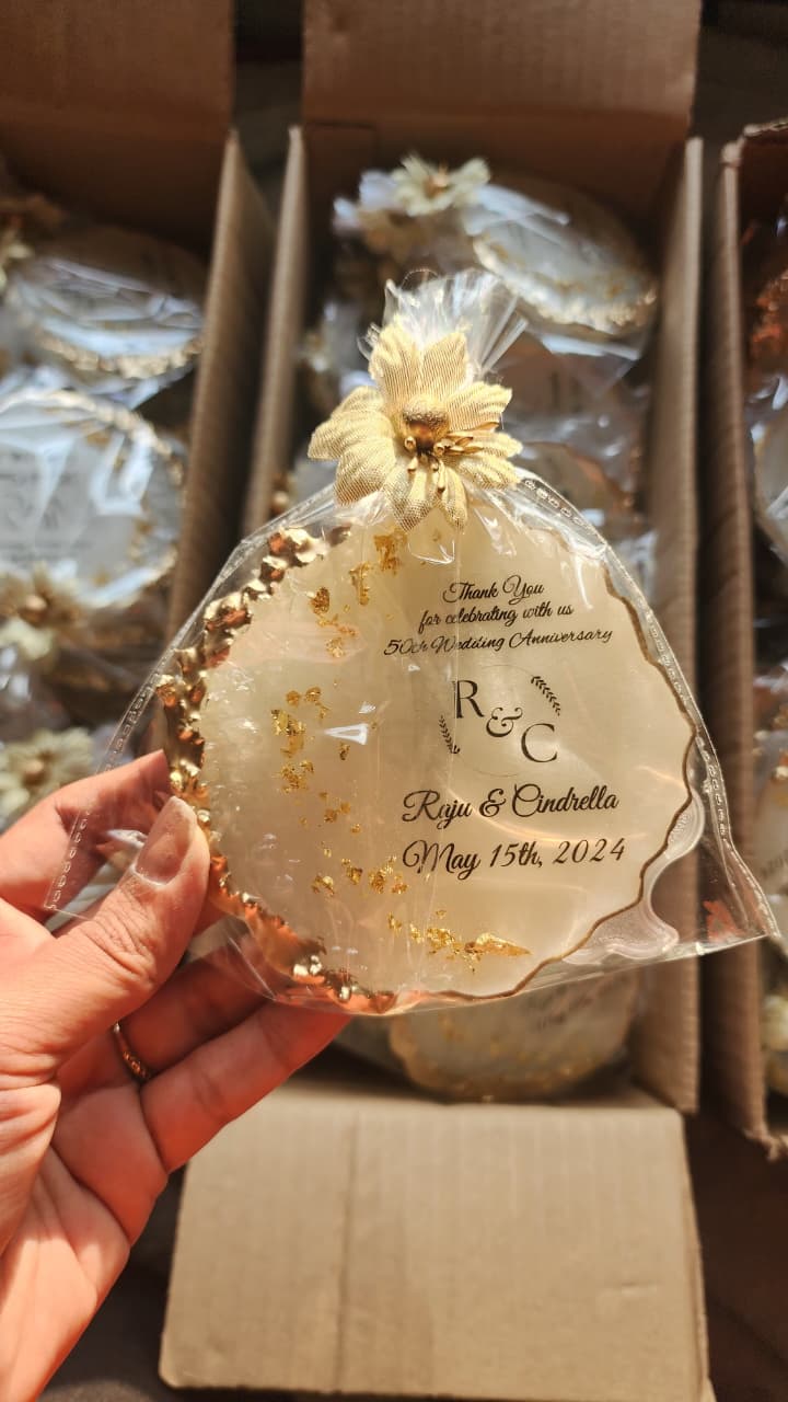 Personalized 50th Anniversary Resin Art Return Gift | Handmade Golden Wedding Keepsake
