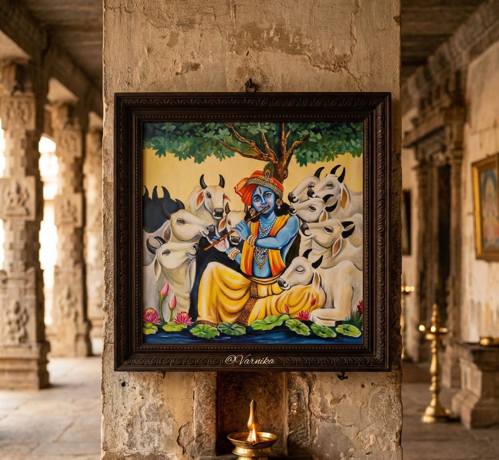 Divine Melody of Krishna with Sacred Cows – 100% Handmade Traditional Painting