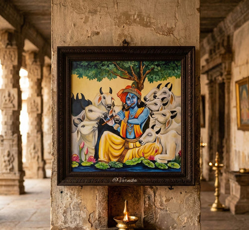 Divine Melody of Krishna with Sacred Cows – 100% Handmade Traditional Painting