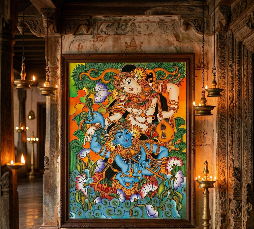 Divine Krishna & Radha Kerala Mural Art – 100% Handmade Traditional Painting