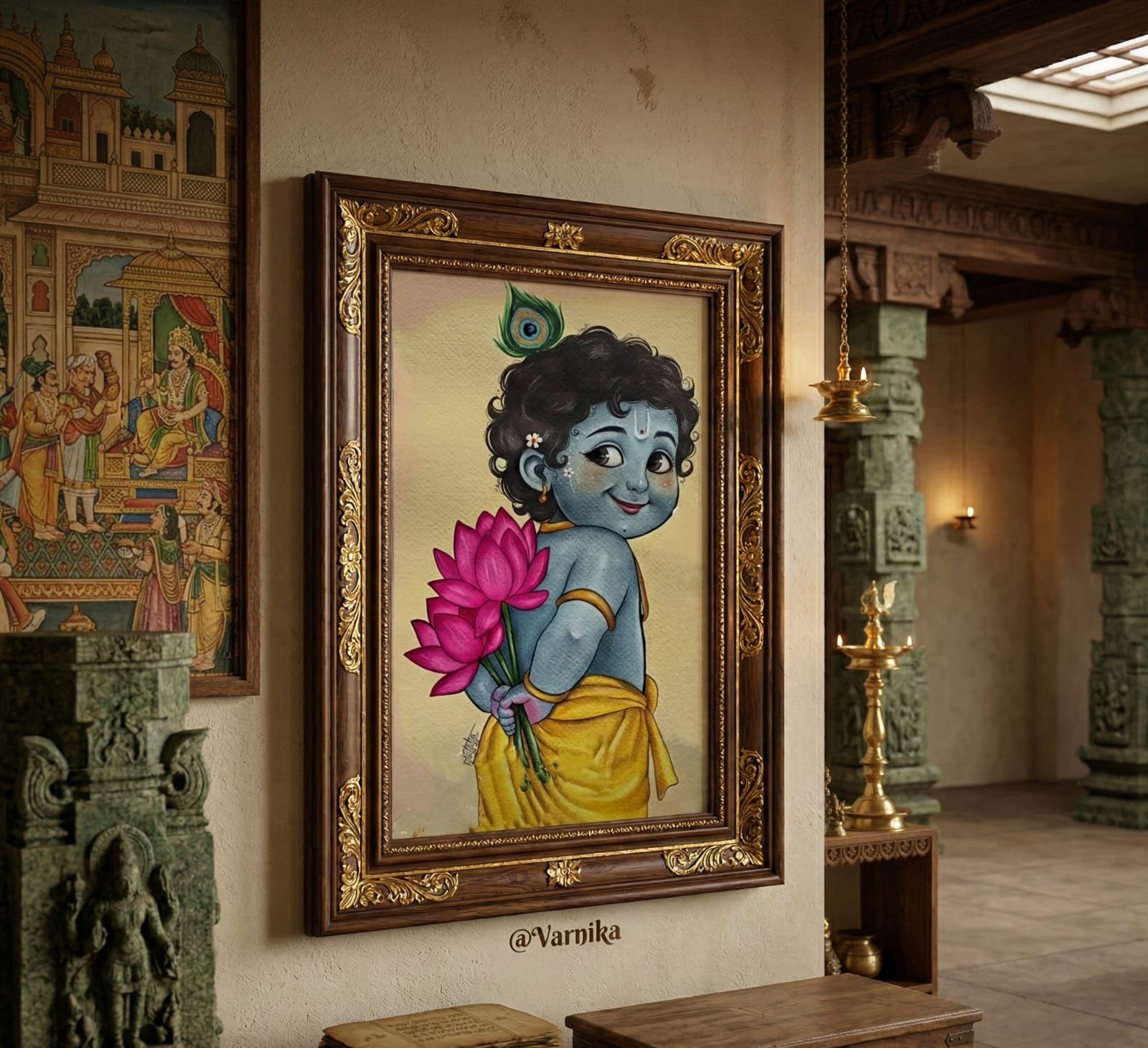 Cute Bal Krishna with Lotus – 100% Handmade Spiritual Painting