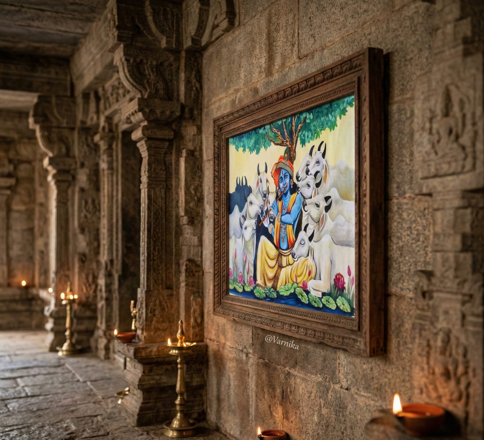 Divine Melody of Krishna with Sacred Cows – 100% Handmade Traditional Painting