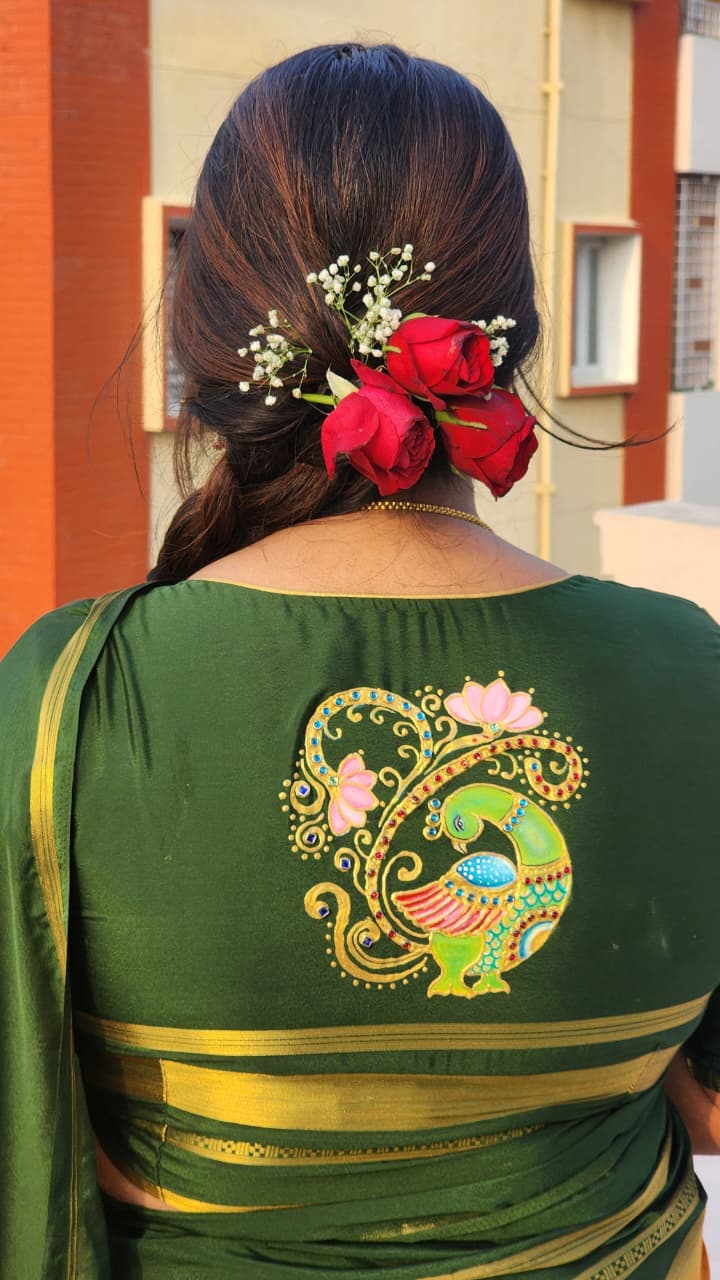 Emerald Peacock – Handcrafted Thanjavur Blouse Painting