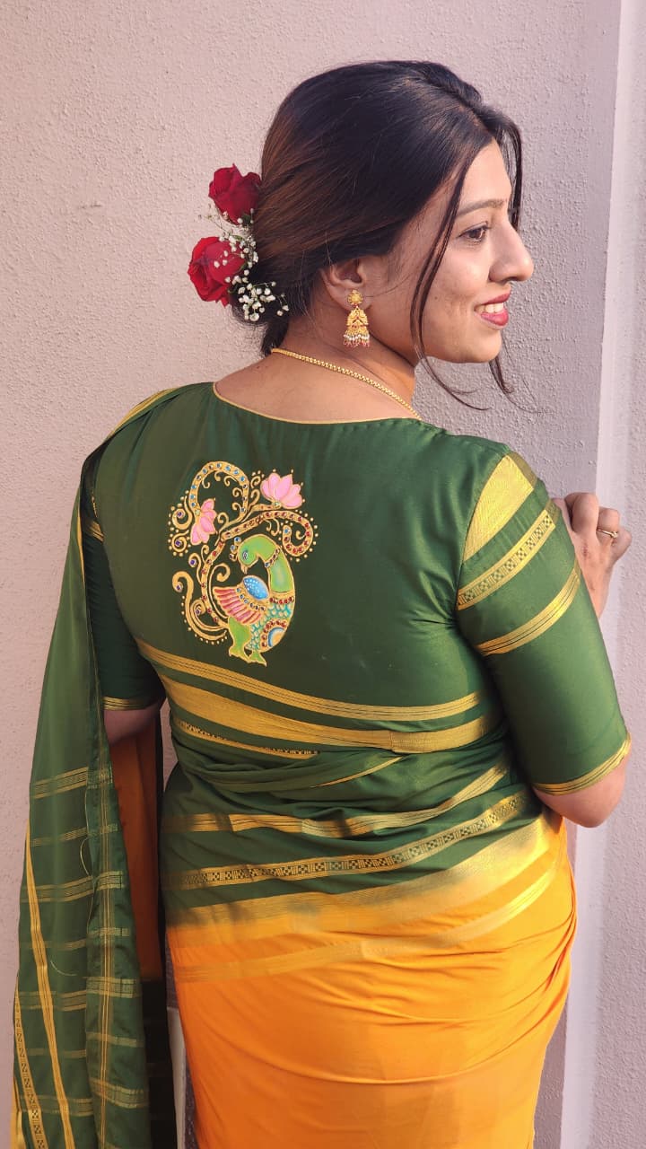 Emerald Peacock – Handcrafted Thanjavur Blouse Painting