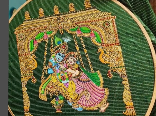 Handmade Radha Krishna Thanjavur Painting Blouse – Royal Temple Swing Design