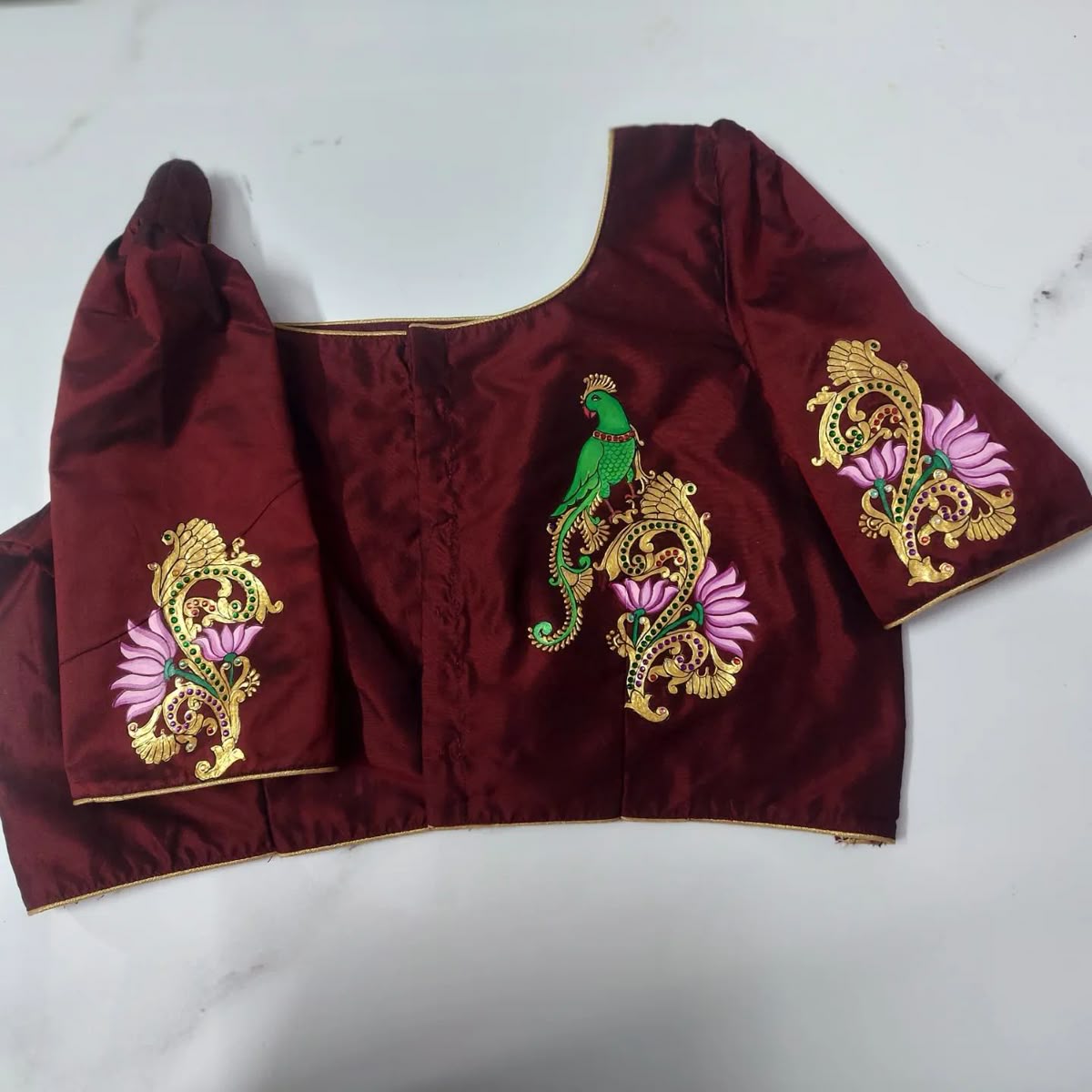 Handmade Thanjavur Peacock Painting Blouse – Maroon Designer Silk Blouse
