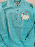 Handmade Thanjavur Painting Kurta – Aqua Blue Ethnic Designer Kurta