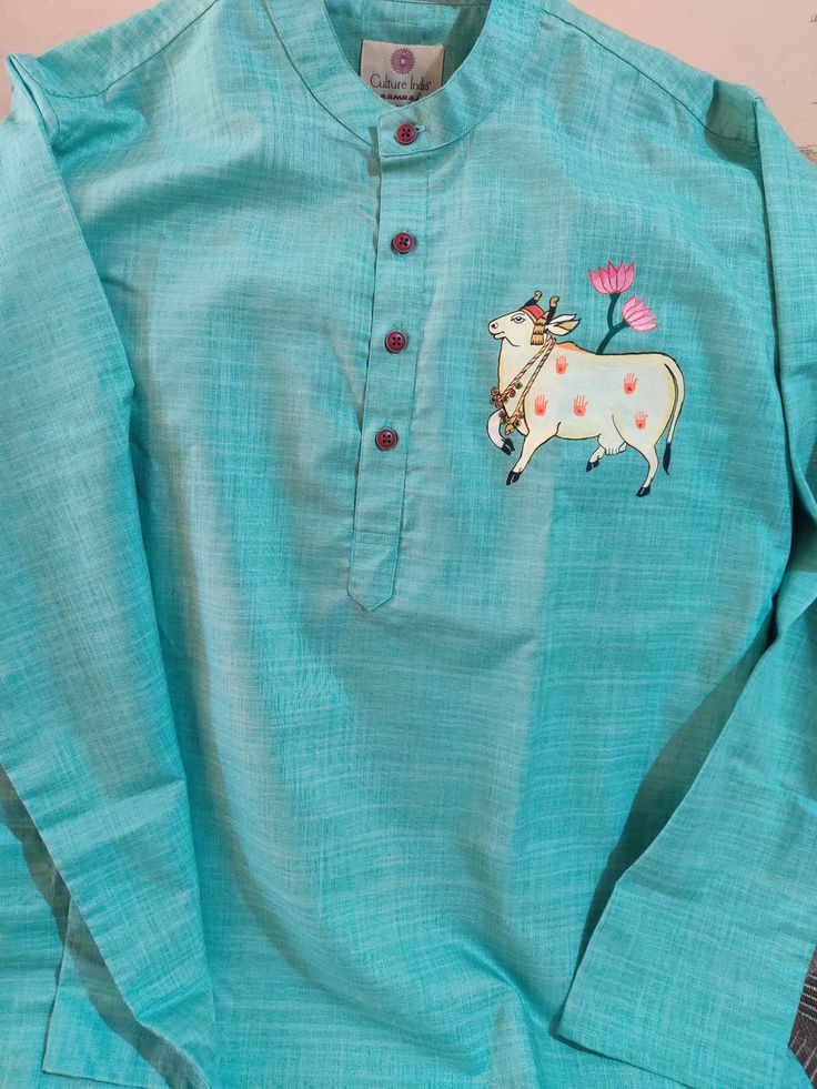 Handmade Thanjavur Painting Kurta – Aqua Blue Ethnic Designer Kurta