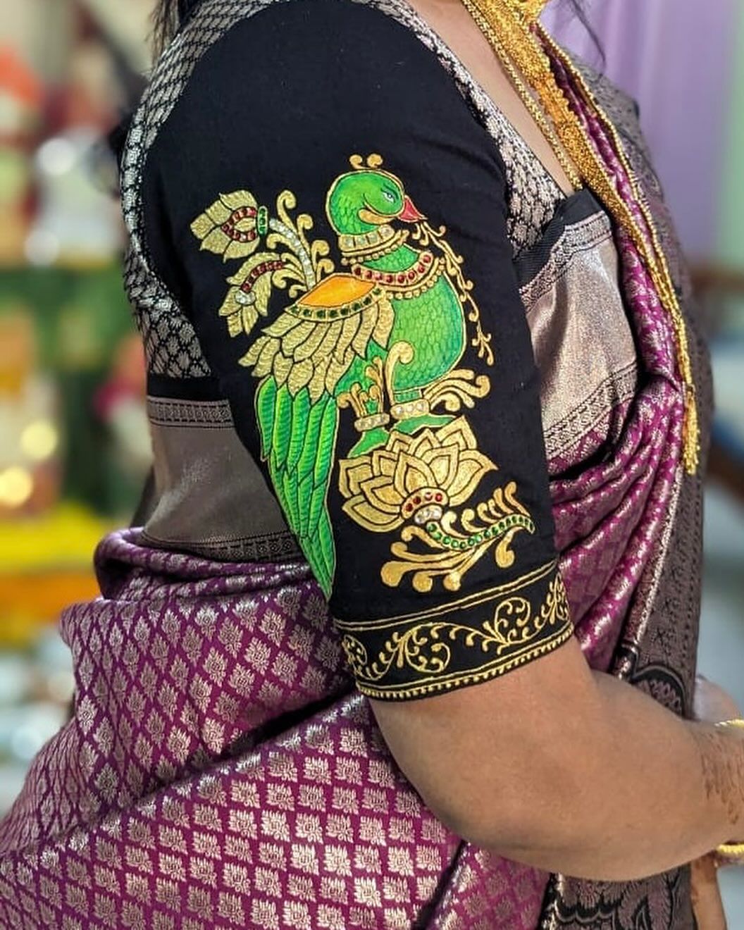 Handmade Thanjavur Parrot & Lotus Blouse Design – Traditional Black Designer Sleeve Art