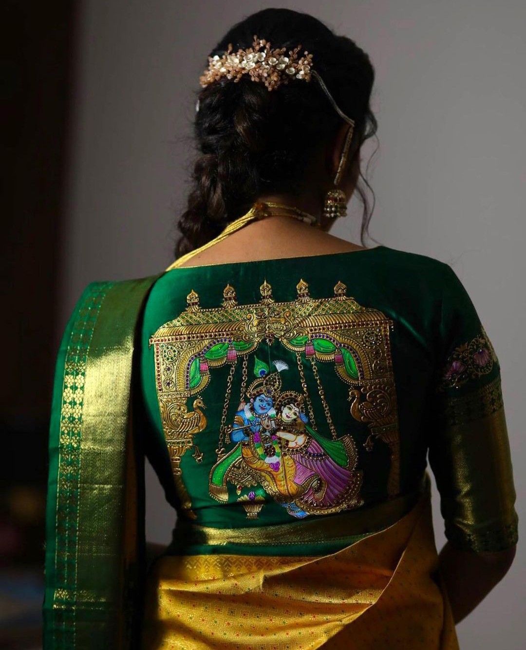 Handmade Radha Krishna Thanjavur Painting Blouse – Royal Temple Swing Design
