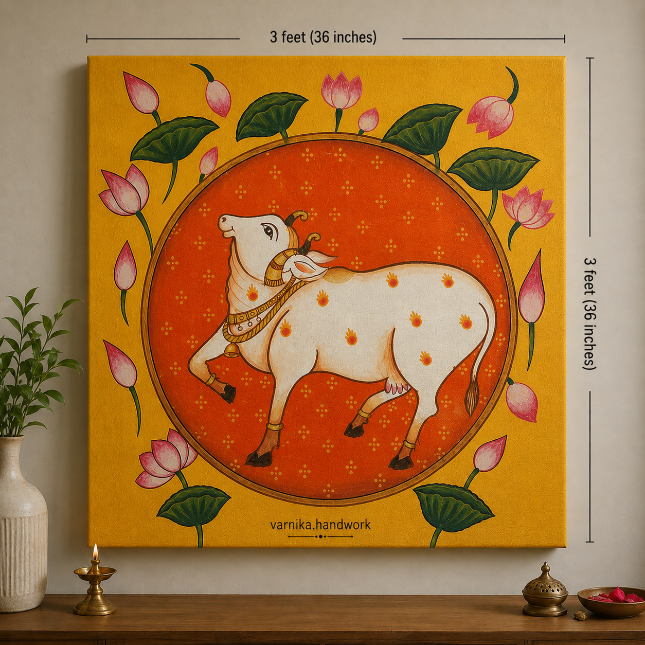 Kamadhenu Cow – Traditional Handmade Canvas Painting