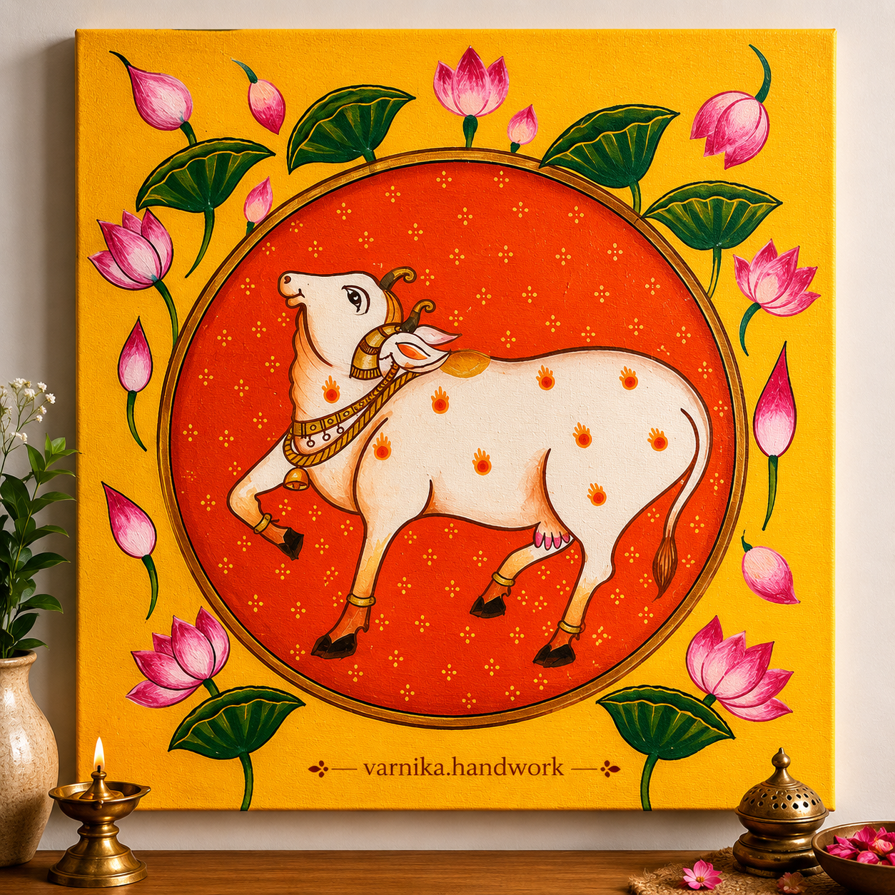 Kamadhenu Cow – Traditional Handmade Canvas Painting