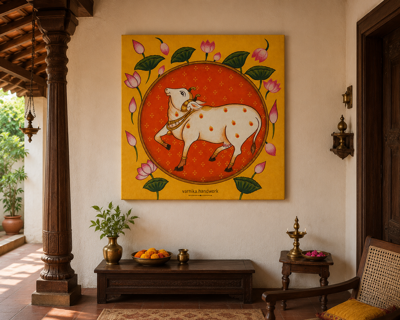Kamadhenu Cow – Traditional Handmade Canvas Painting