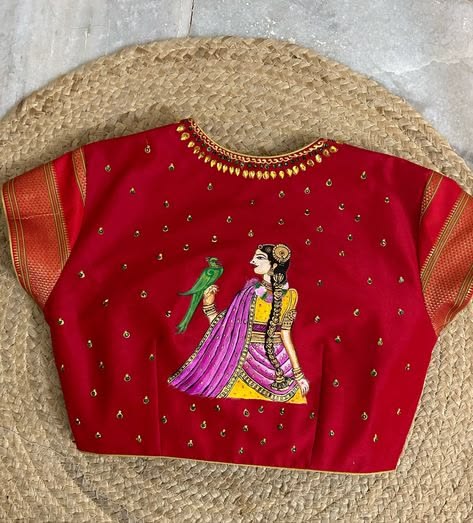 Handmade Thanjavur Art Blouse – Royal Lady with Parrot on Magenta Silk