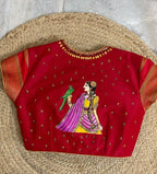 Handmade Thanjavur Art Blouse – Royal Lady with Parrot on Magenta Silk