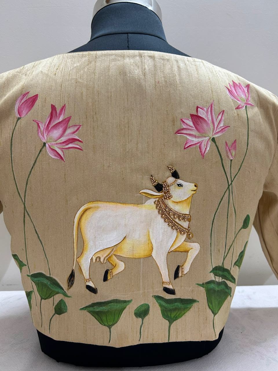 Hand-Painted Thanjavur Sacred Cow & Lotus Beige Blouse