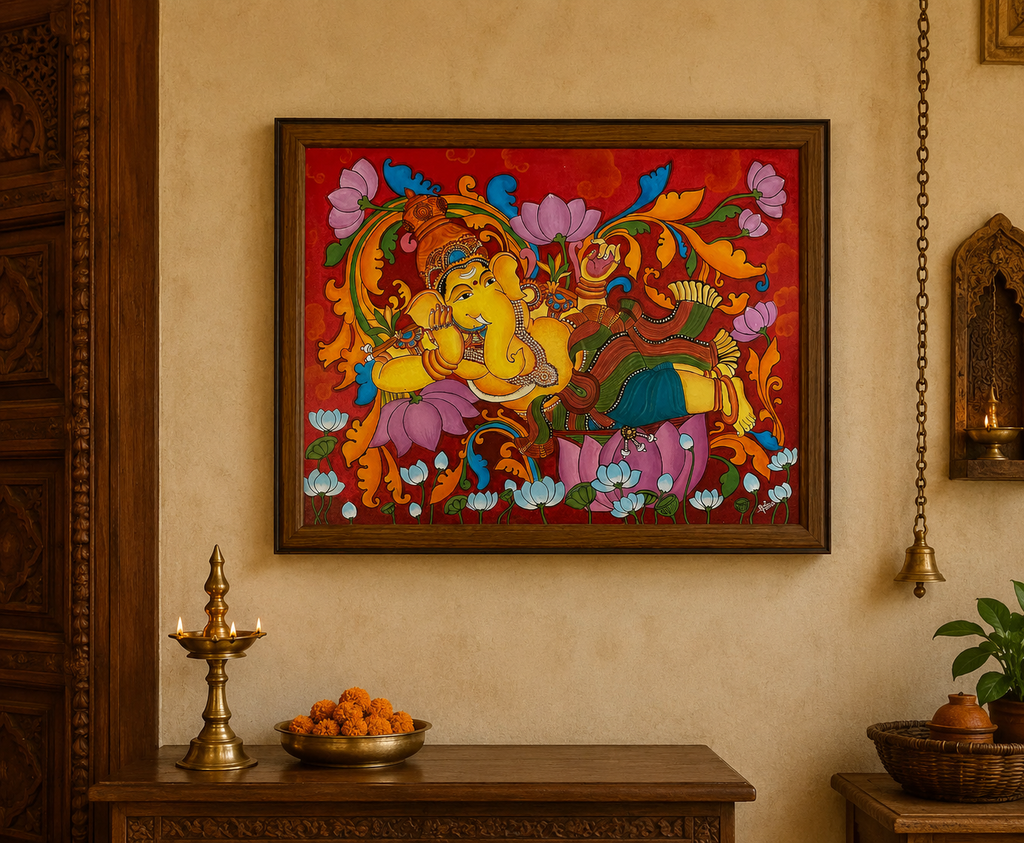 Reclining Ganesha on Lotus – Traditional Kerala Mural Style Handmade Painting