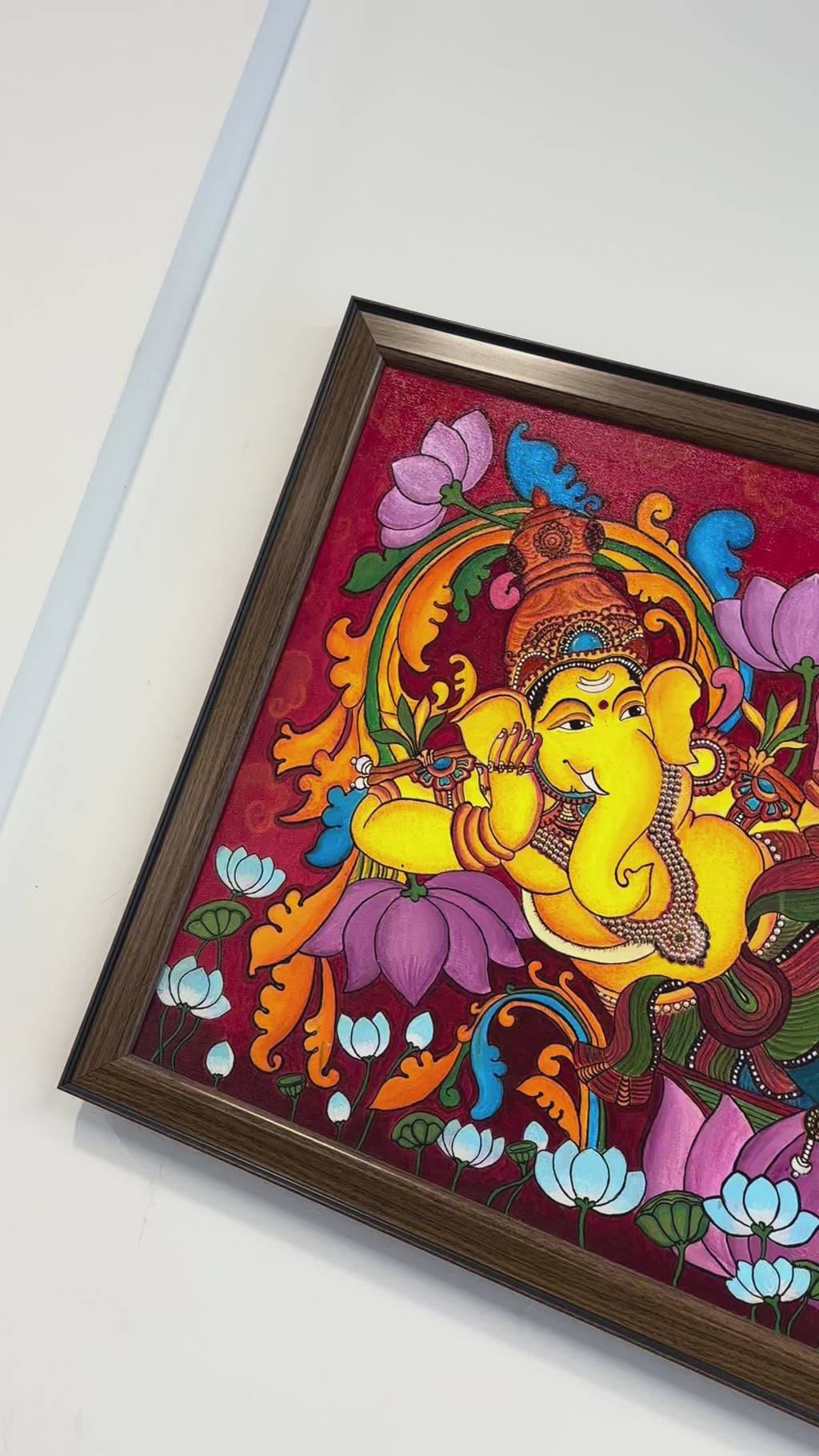 Reclining Ganesha on Lotus – Traditional Kerala Mural Style Handmade Painting